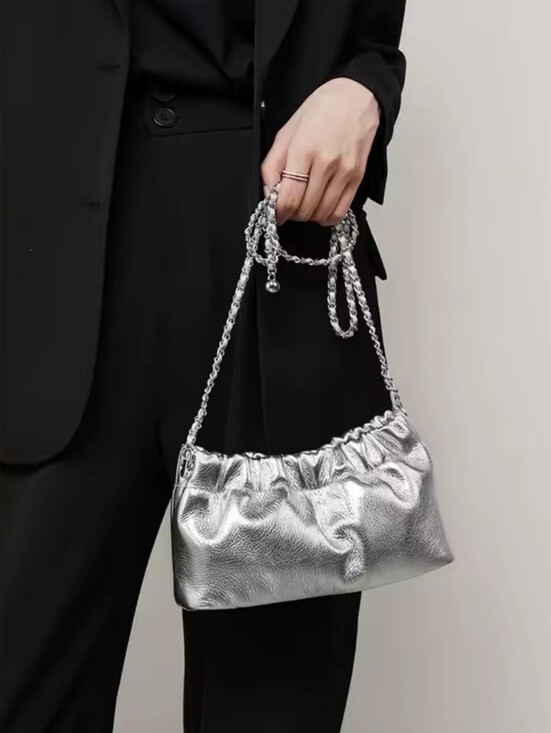 Handbags - Genuine Leather Silver Metallic Chain-Handle Shoulder Bag